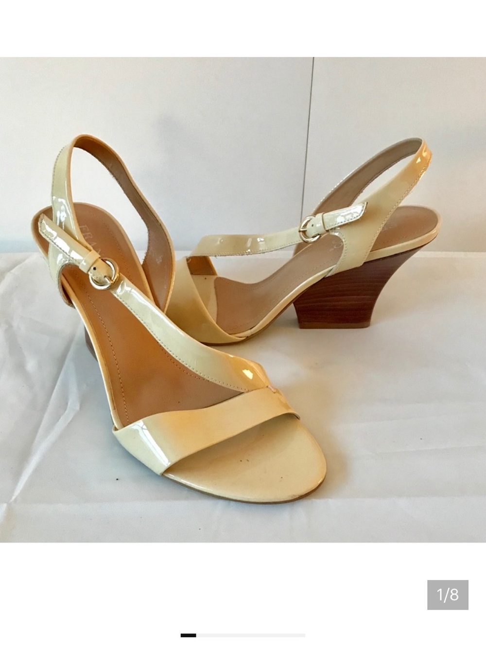 Franco Sarto Patent Slingback Heels in Cream — Elegant Patent Leather Sandals